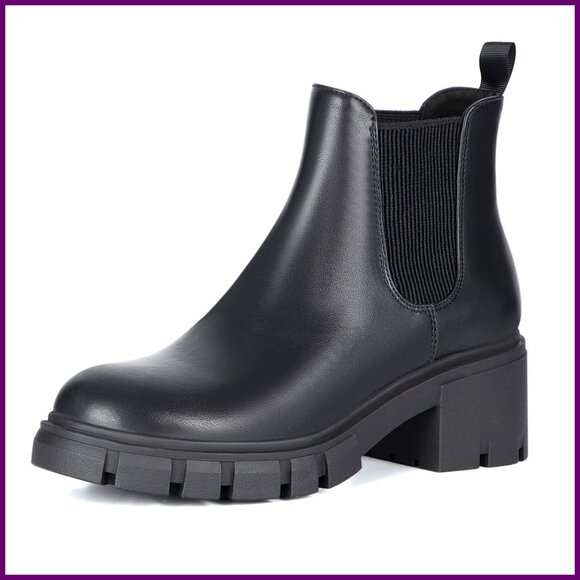 Women's Chelsea Boots Lug Sole Chunky Heel Slip On Elastic Ankle Booties